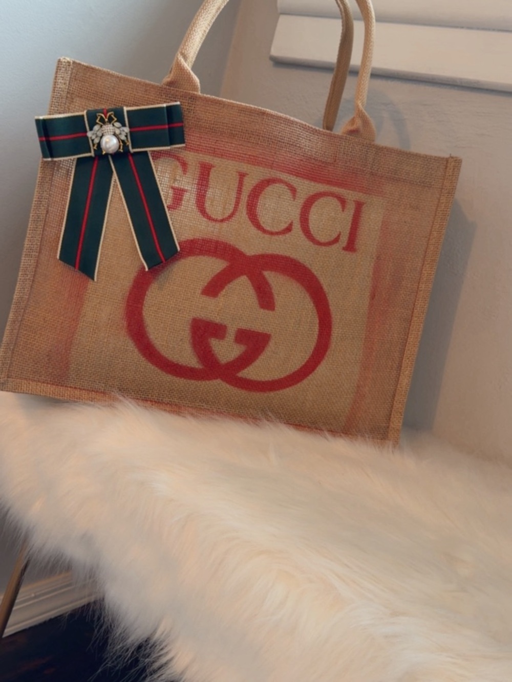 Luxury Brown Jute Tote with Orange Scarf Handle - Picture 4 of 5